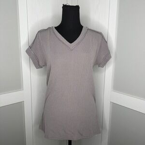 Yesfashion Top Womens Small Gray Textured Stripe V-Neck Stretch Short Sleeve